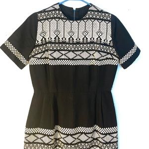 Black & White Vintage Dress- 1940s- Embroidered Pattern - Short Sleeve- Midi